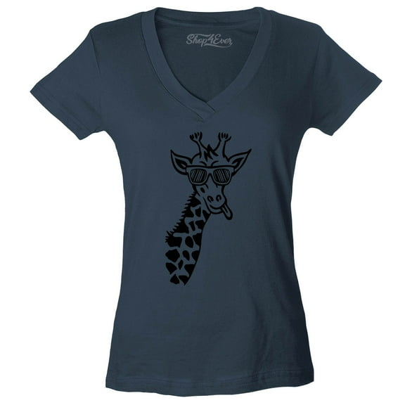 Shop4Ever Women's Cool Giraffe Cute Animal  Slim Fit V-Neck T-Shirt XX-Large Charcoal