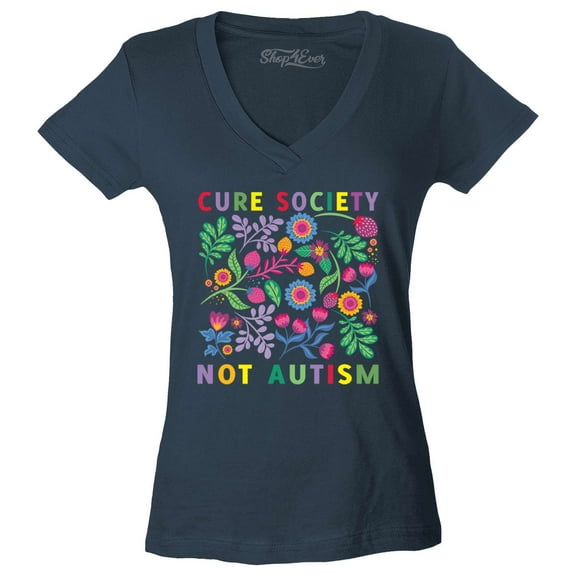 Shop4Ever Women's Cure Society Not Autism Florals Flowers Slim Fit V-Neck T-Shirt Medium Charcoal