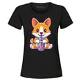thumbnail image 1 of Shop4Ever Women's Cute Corgi Drinking Boba Tea Kawaii Graphic T-Shirt X-Large Black, 1 of 5