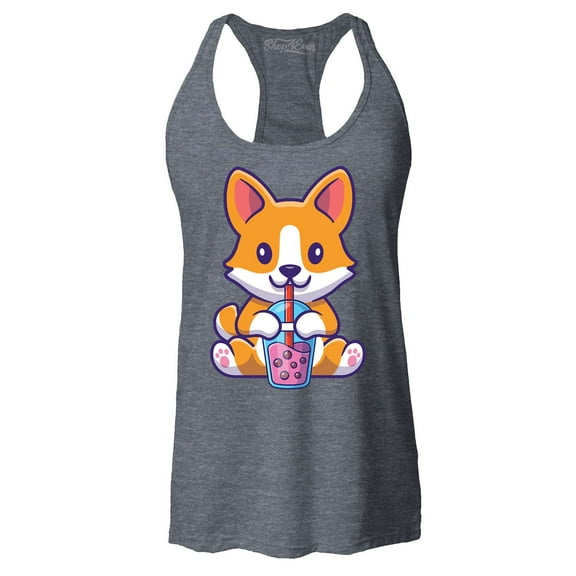 Shop4Ever Women's Cute Corgi Drinking Boba Tea Kawaii Racerback Tank Top Large Charcoal