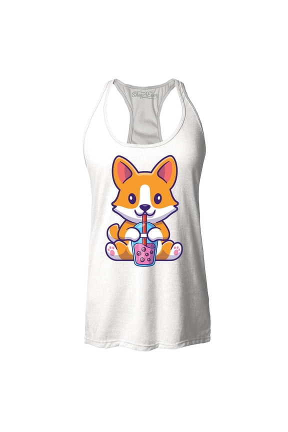 Women's Cute Corgi Drinking Boba Tea Kawaii Racerback Tank Top Large White