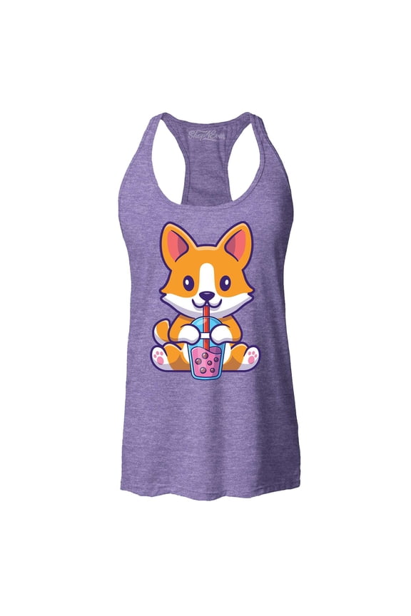 Women's Cute Corgi Drinking Boba Tea Kawaii Racerback Tank Top Small Purple