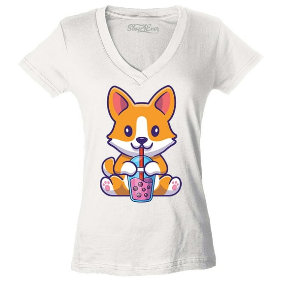 Shop4Ever Women's Cute Corgi Drinking Boba Tea Kawaii Slim Fit V-Neck T-Shirt Large White