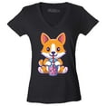 thumbnail image 1 of Shop4Ever Women's Cute Corgi Drinking Boba Tea Kawaii Slim Fit V-Neck T-Shirt Medium Black, 1 of 5