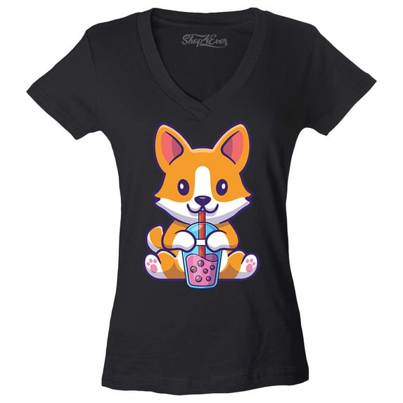 Shop4Ever Women's Cute Corgi Drinking Boba Tea Kawaii Slim Fit V-Neck T-Shirt Medium Black