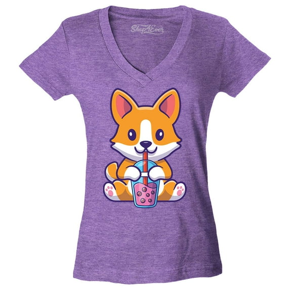 Shop4Ever Women's Cute Corgi Drinking Boba Tea Kawaii Slim Fit V-Neck T-Shirt Small Heather Purple