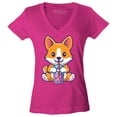 thumbnail image 1 of Shop4Ever Women's Cute Corgi Drinking Boba Tea Kawaii Slim Fit V-Neck T-Shirt X-Large Pink, 1 of 5