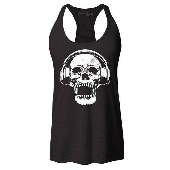 Shop4Ever Women's DJ Skull Wearing Headphones Racerback Tank Top Medium Black