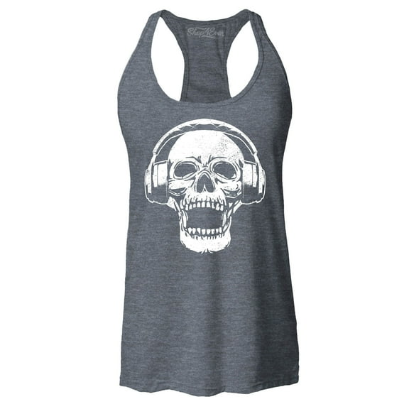 Shop4Ever Women's  DJ Skull Wearing Headphones Racerback Tank Top X-Small Charcoal