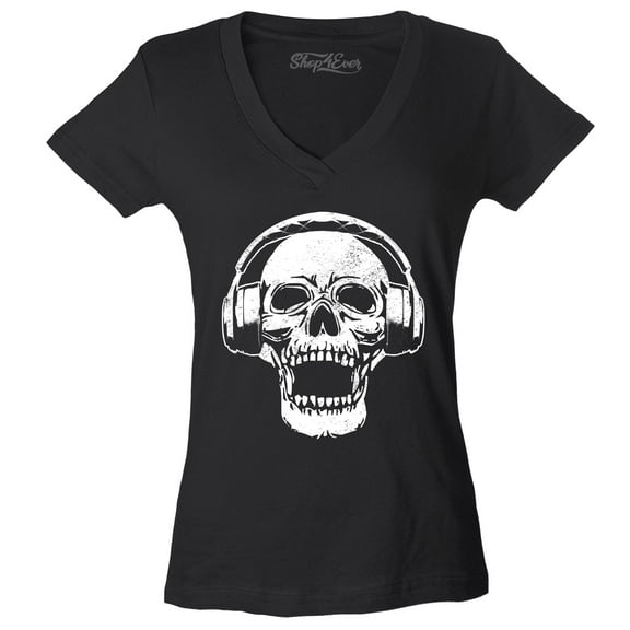 Shop4Ever Women's DJ Skull Wearing Headphones Slim Fit V-Neck T-Shirt Large Black