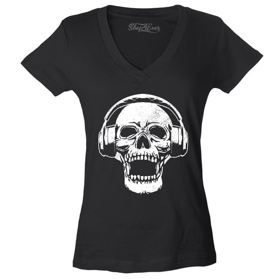Shop4Ever Women's DJ Skull Wearing Headphones Slim Fit V-Neck T-Shirt Small Black