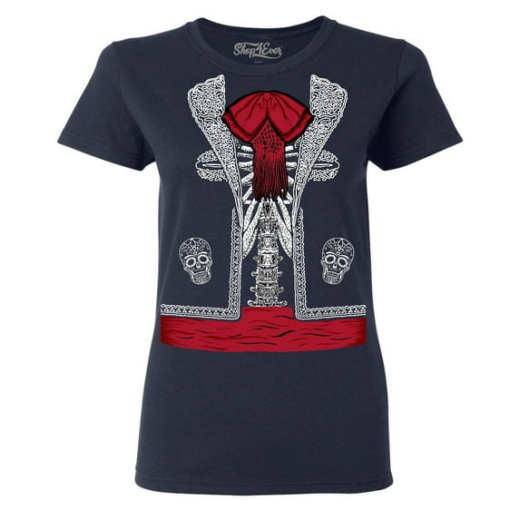 Shop4Ever Women's Day of the Dead Mariachi Skeleton Costume Graphic T-Shirt Small Navy