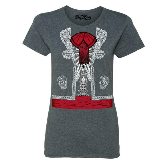 Shop4Ever Women's Day of the Dead Mariachi Skeleton Costume Graphic T-Shirt X-Large Dark Heather