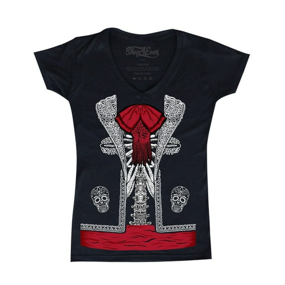 Shop4Ever Women's Day of the Dead Mariachi Skeleton Costume Slim Fit V-Neck T-Shirt X-Large Black