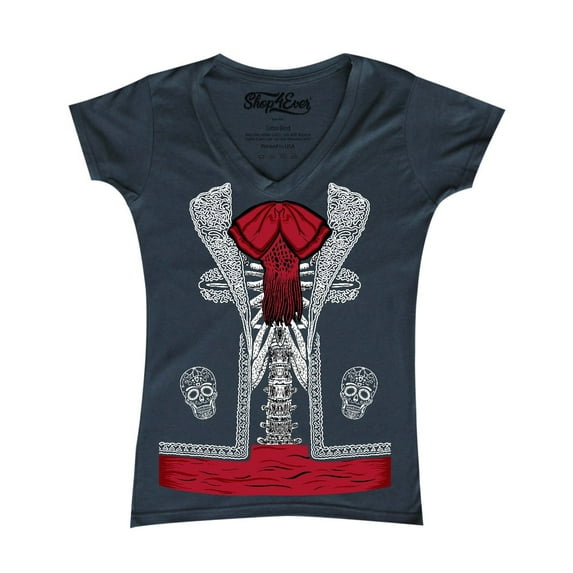 Shop4Ever Women's Day of the Dead Mariachi Skeleton Costume Slim Fit V-Neck T-Shirt X-Large Charcoal