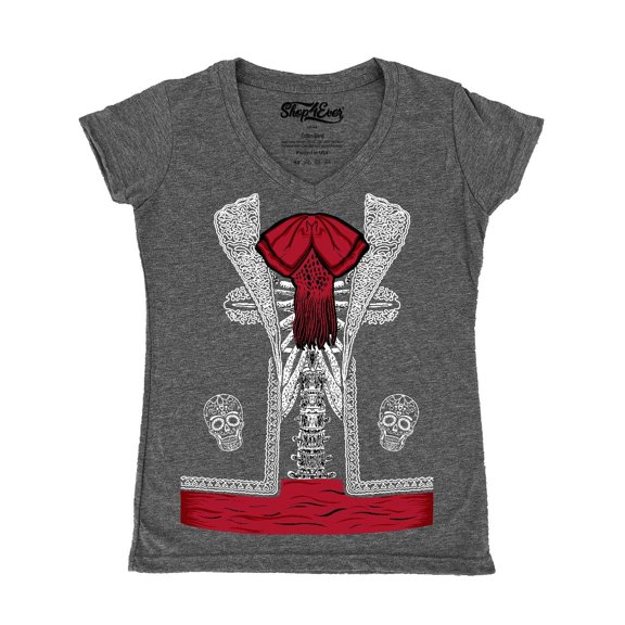 Shop4Ever Women's Day of the Dead Mariachi Skeleton Costume Slim Fit V-Neck T-Shirt X-Large Heather Charcoal