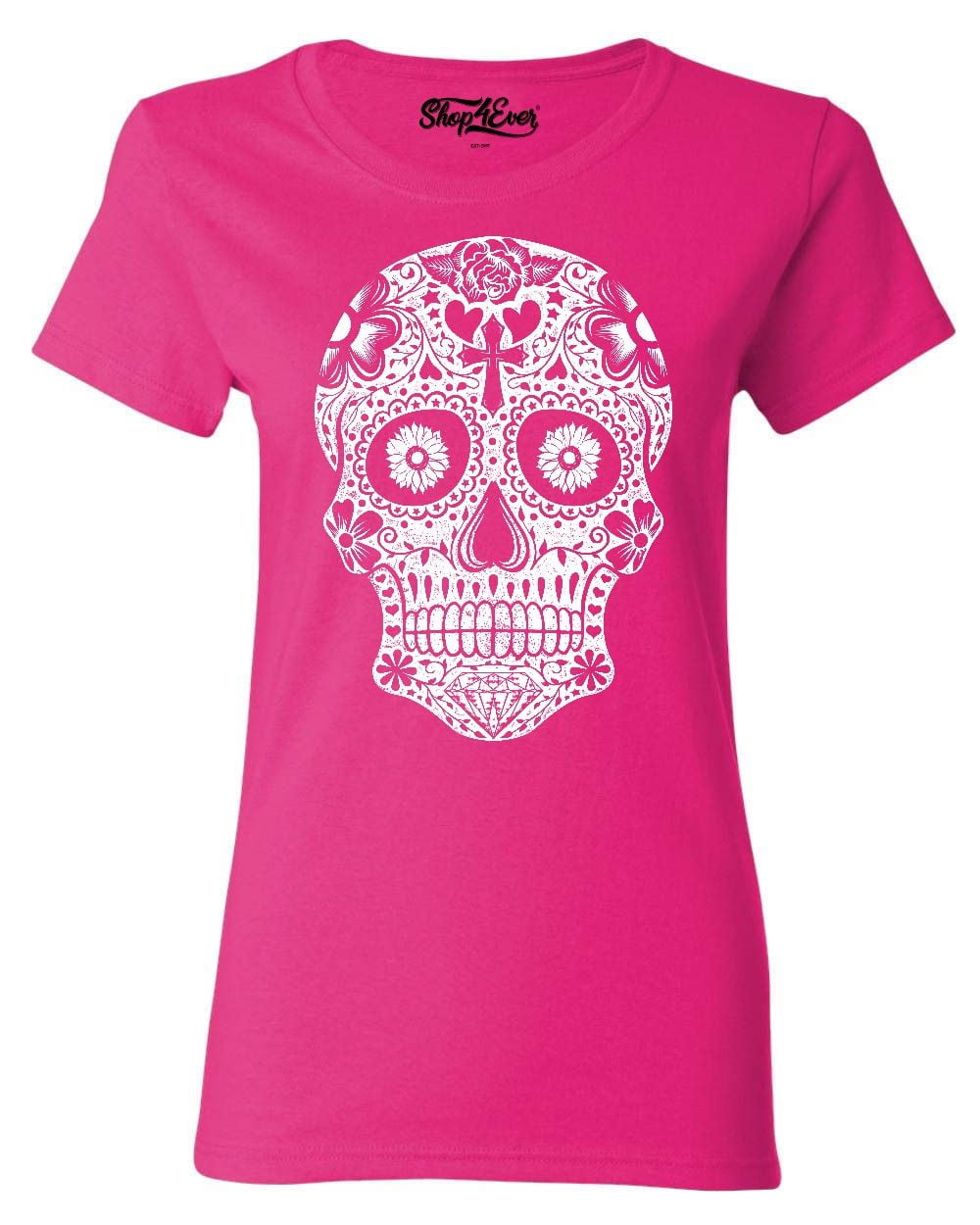 Shop4Ever Women's Day of the Dead White Skull Graphic TShirt Large