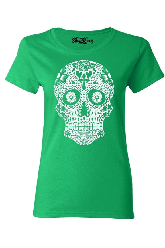 Women's Day of the Dead White Skull Graphic T-Shirt Large Irish Green
