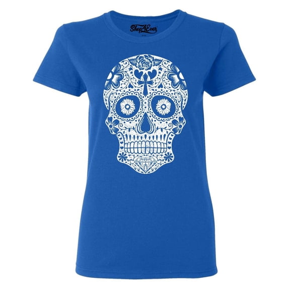 Shop4Ever Women's Day of the Dead White Skull Graphic T-Shirt Large Royal Blue