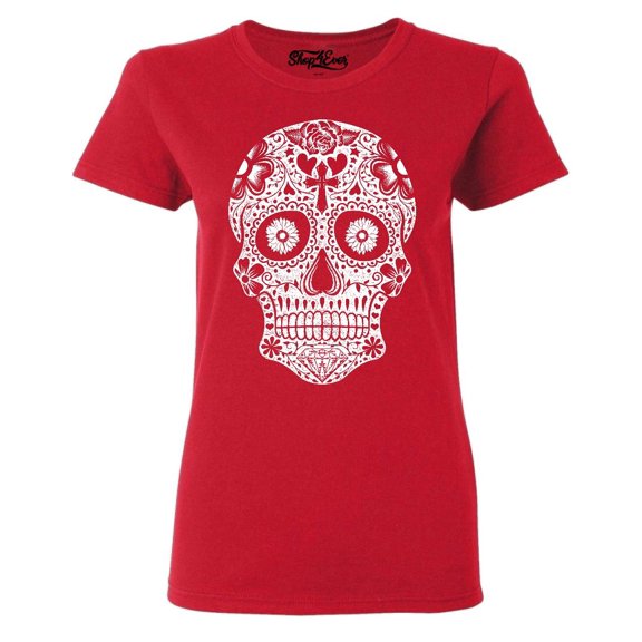 Shop4Ever Women's Day of the Dead White Skull Graphic T-Shirt Medium Red