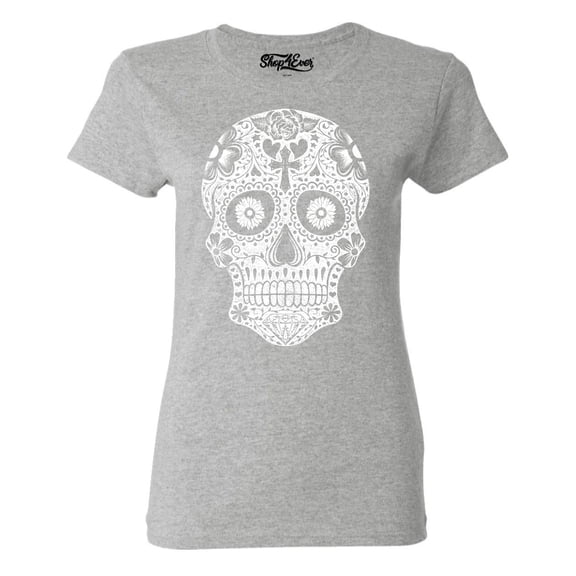 Shop4Ever Women's Day of the Dead White Skull Graphic T-Shirt Medium Sports Grey