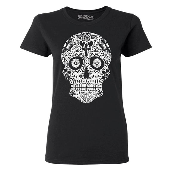 Shop4Ever Women's Day of the Dead White Skull Graphic T-Shirt Small Black