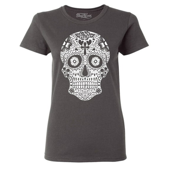 Shop4Ever Women's Day of the Dead White Skull Graphic T-Shirt Small Charcoal