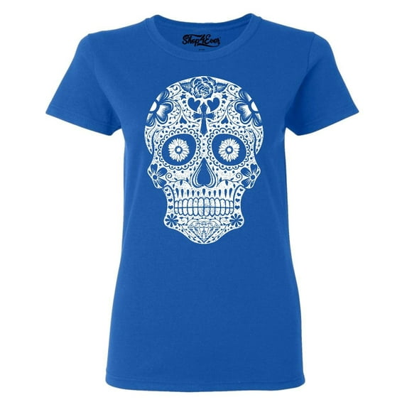 Shop4Ever Women's Day of the Dead White Skull Graphic T-Shirt X-Large Royal Blue