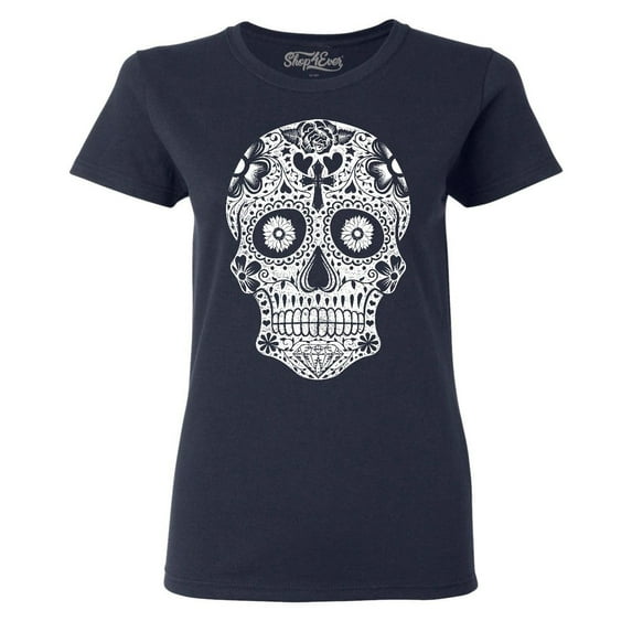 Shop4Ever Women's Day of the Dead White Skull Graphic T-Shirt XXX-Large Navy