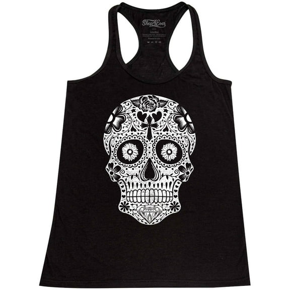 Shop4Ever Women's Day of the Dead White Skull Racerback Tank Top Small Black