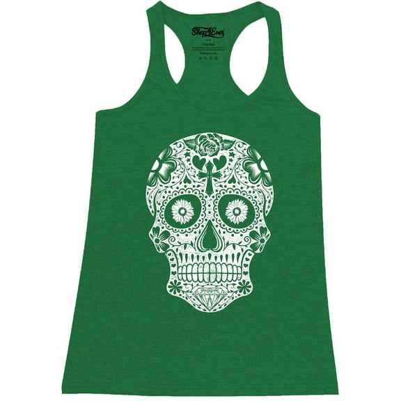 Shop4Ever Women's Day of the Dead White Skull Racerback Tank Top Small Kelly Green