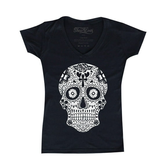 Shop4Ever Women's Day of the Dead White Skull Slim Fit V-Neck T-Shirt Large Black