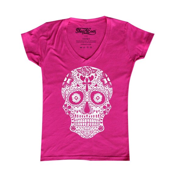 Shop4Ever Women's Day of the Dead White Skull Slim Fit V-Neck T-Shirt Large Pink