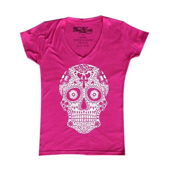 Shop4Ever Women's Day of the Dead White Skull Slim Fit V-Neck T-Shirt Medium Pink