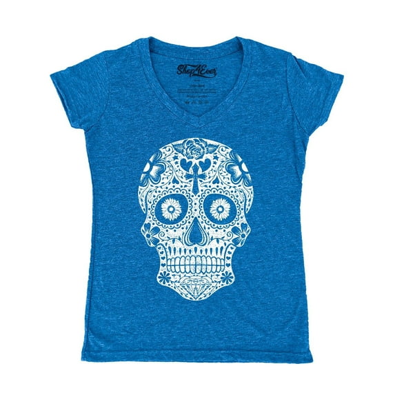 Shop4Ever Women's Day of the Dead White Skull Slim Fit V-Neck T-Shirt X-Large Heather Royal Blue