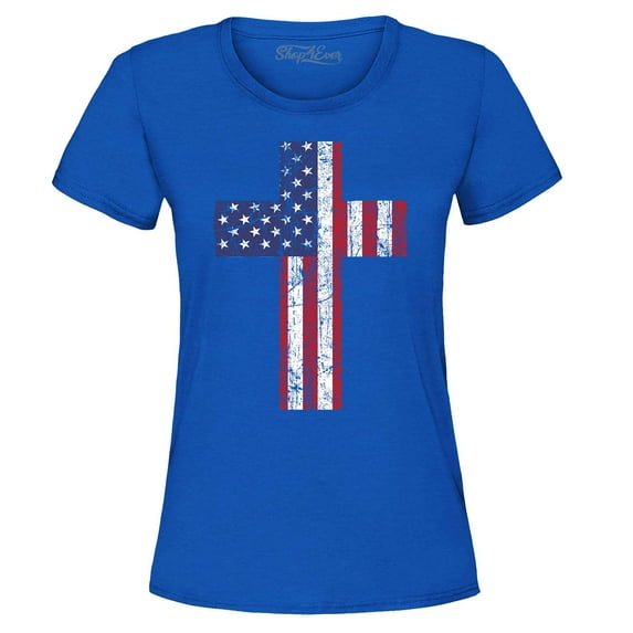 Shop4Ever Women's Distressed American Flag Cross Graphic T-Shirt Medium Royal Blue