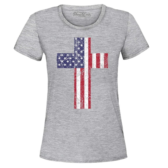 Shop4Ever Women's Distressed American Flag Cross Graphic T-Shirt Small Sports Grey