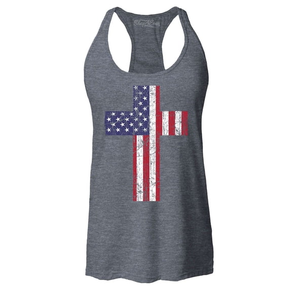 Shop4Ever Women's Distressed American Flag Cross Racerback Tank Top Large Charcoal