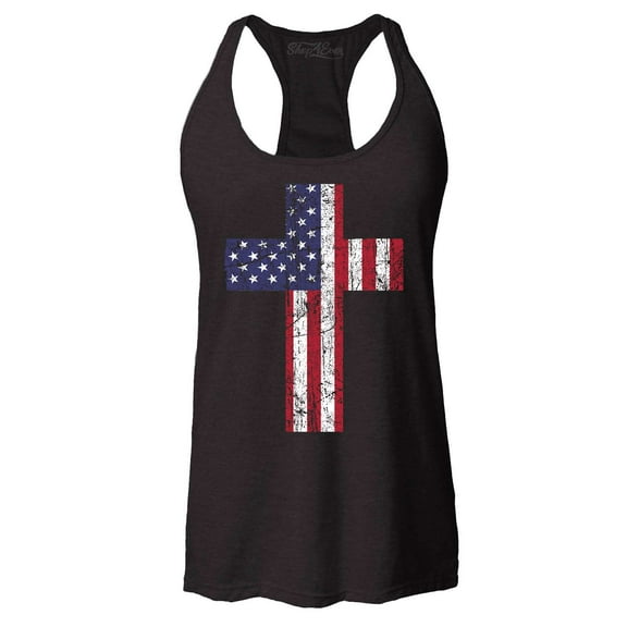 Shop4Ever Women's Distressed American Flag Cross Racerback Tank Top X-Small Black
