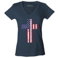 thumbnail image 1 of Shop4Ever Women's Distressed American Flag Cross Slim Fit V-Neck T-Shirt Medium Charcoal, 1 of 5