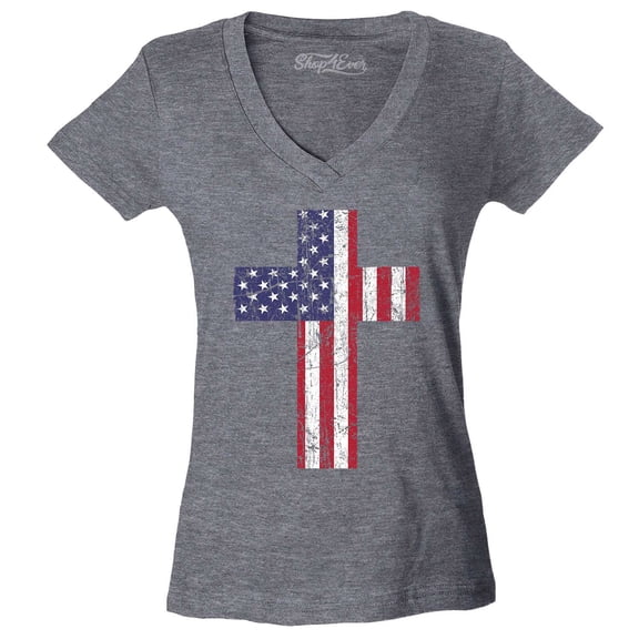 Shop4Ever Women's Distressed American Flag Cross Slim Fit V-Neck T-Shirt Small Heather Charcoal