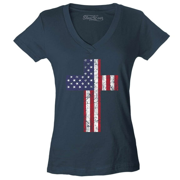 Shop4Ever Women's Distressed American Flag Cross Slim Fit V-Neck T-Shirt X-Large Charcoal