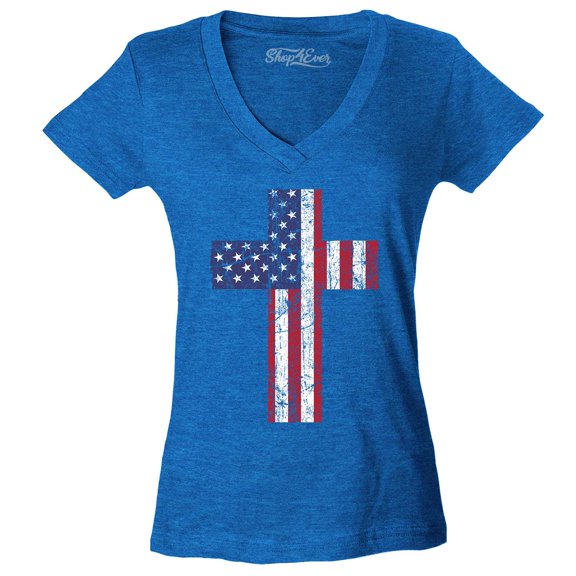 Shop4Ever Women's Distressed American Flag Cross Slim Fit V-Neck T-Shirt X-Large Heather Royal Blue