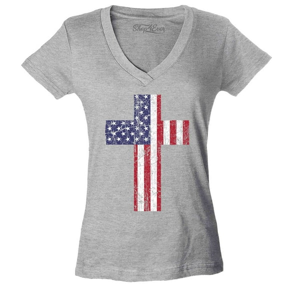 Shop4Ever Women's Distressed American Flag Cross Slim Fit V-Neck T-Shirt X-Large Sports Grey