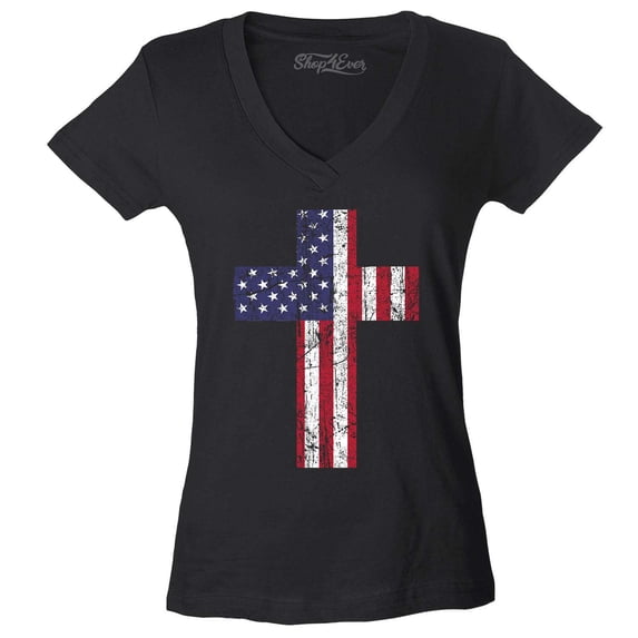 Shop4Ever Women's Distressed American Flag Cross Slim Fit V-Neck T-Shirt XX-Large Black