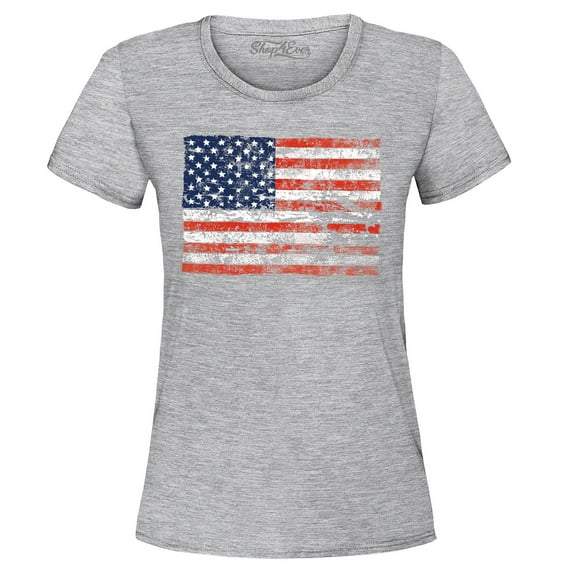 Shop4Ever Women's Distressed American Flag Horizontal USA Patriotic 4th of July Graphic T-Shirt Medium Sports Grey