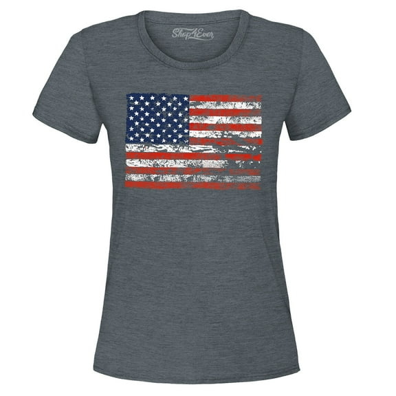 Shop4Ever Women's Distressed American Flag Horizontal USA Patriotic 4th of July Graphic T-Shirt Small Dark Heather