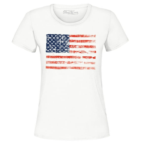 Shop4Ever Women's Distressed American Flag Horizontal USA Patriotic 4th of July Graphic T-Shirt Small White