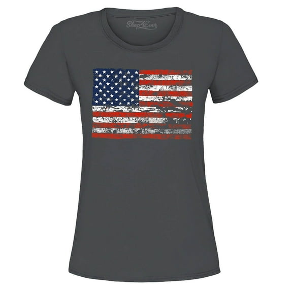 Shop4Ever Women's Distressed American Flag Horizontal USA Patriotic 4th of July Graphic T-Shirt X-Large Charcoal