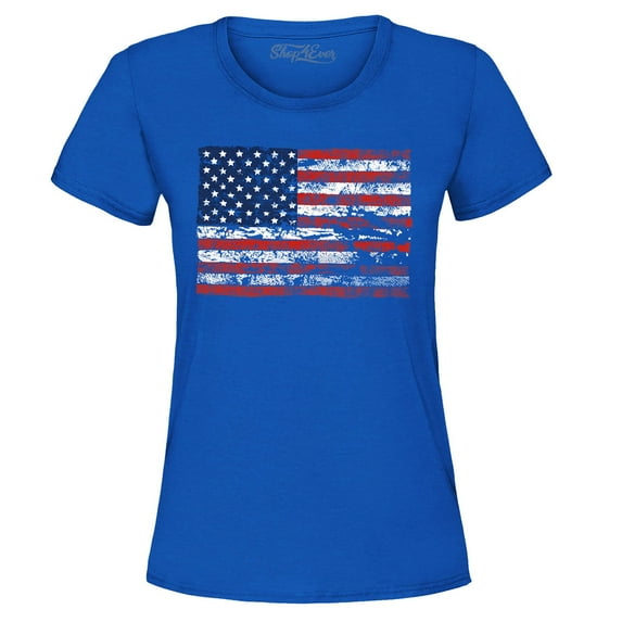 Shop4Ever Women's Distressed American Flag Horizontal USA Patriotic 4th of July Graphic T-Shirt XX-Large Royal Blue